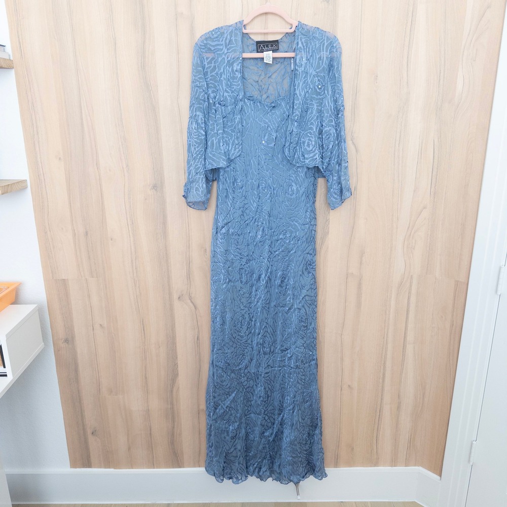 Alex Evenings Silk Dress Set 12 Blue 2 Piece Burnout Floral Formal Wedding Fairy